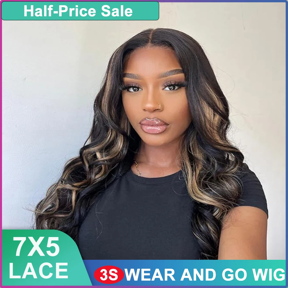 

40Inch Glueless Wigs Human Hair Ready To Wear 7x5 HD Lace Glueless Wig with Bye Bye Knots Pre Plucked 1B/27 Color Body Wave Wig