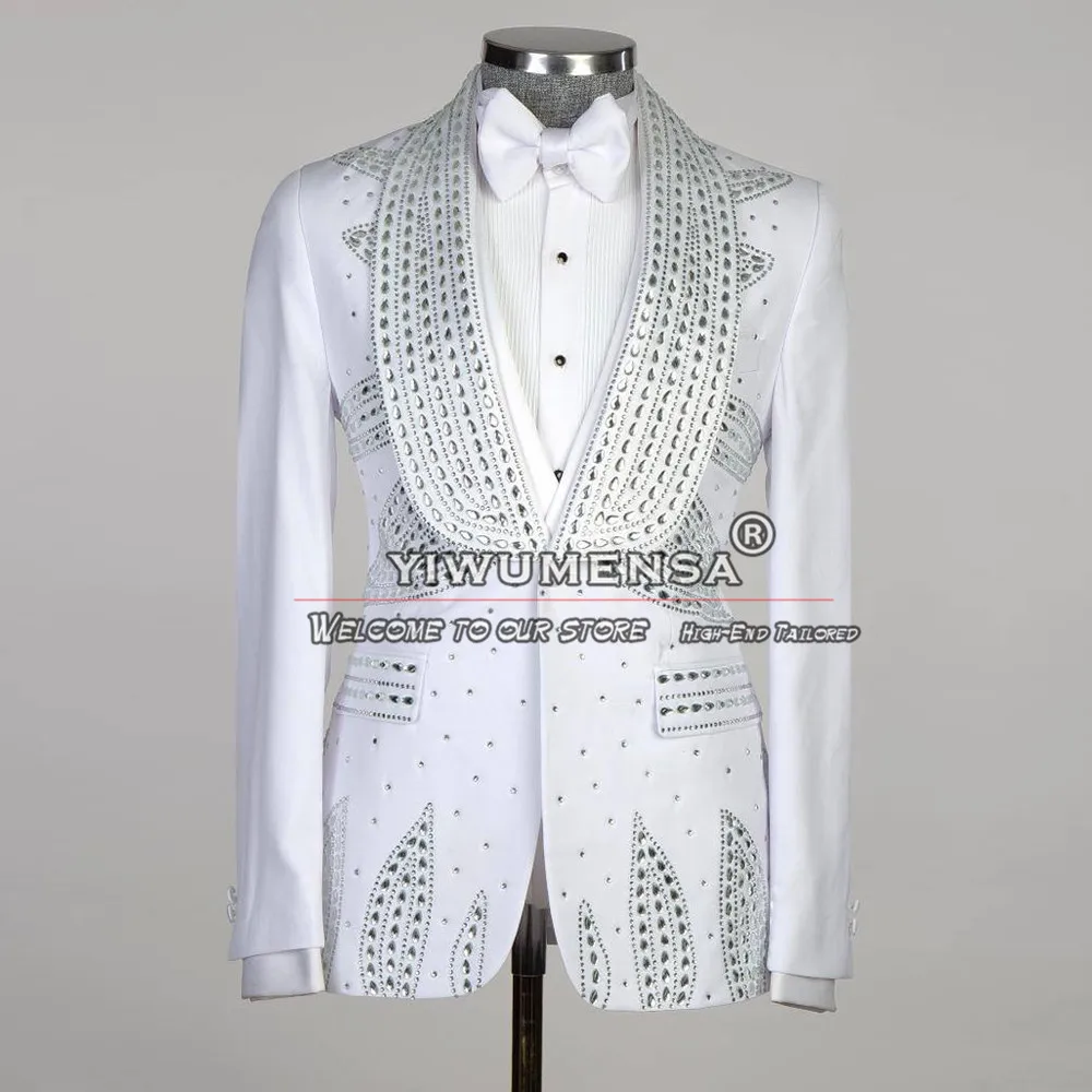 

Exclusive Groom Wedding Suits Sliver Crystals Beaded Prom Blazer Customized Shawl Lapel Men't Tuxedos 3 Pieces Set Man Clothing