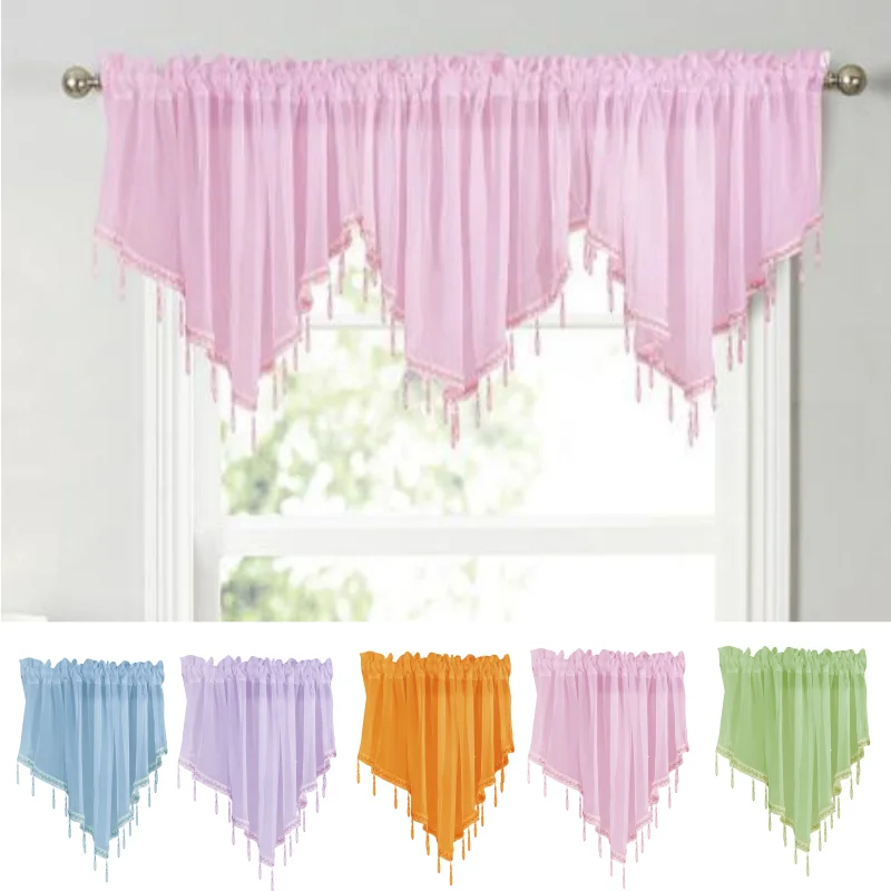 Solid Color Triangle Shape Kitchen Short Curtain Window Valance Drape Home with Beads Tassels for Cafe Bar Kitchen Home Decor