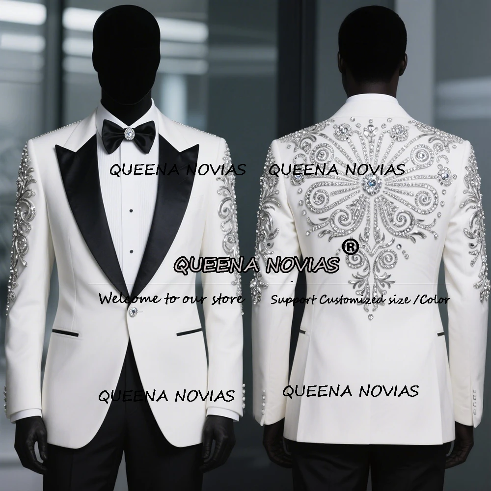 

Exquisite Beaded Stones Suits Men 2 Pieces Sets Black Peaked Lapel Party Blazers Customized Groom Wedding Tuxedo traje de hombre