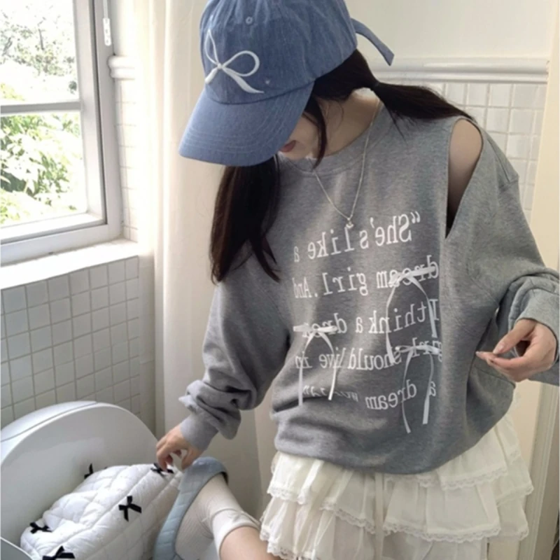 Sweatshirts Women Trendy Letter Printed Sweet Bow Design Hollow Out Casual Young Students Popular Korean Fashion Autumn Loose