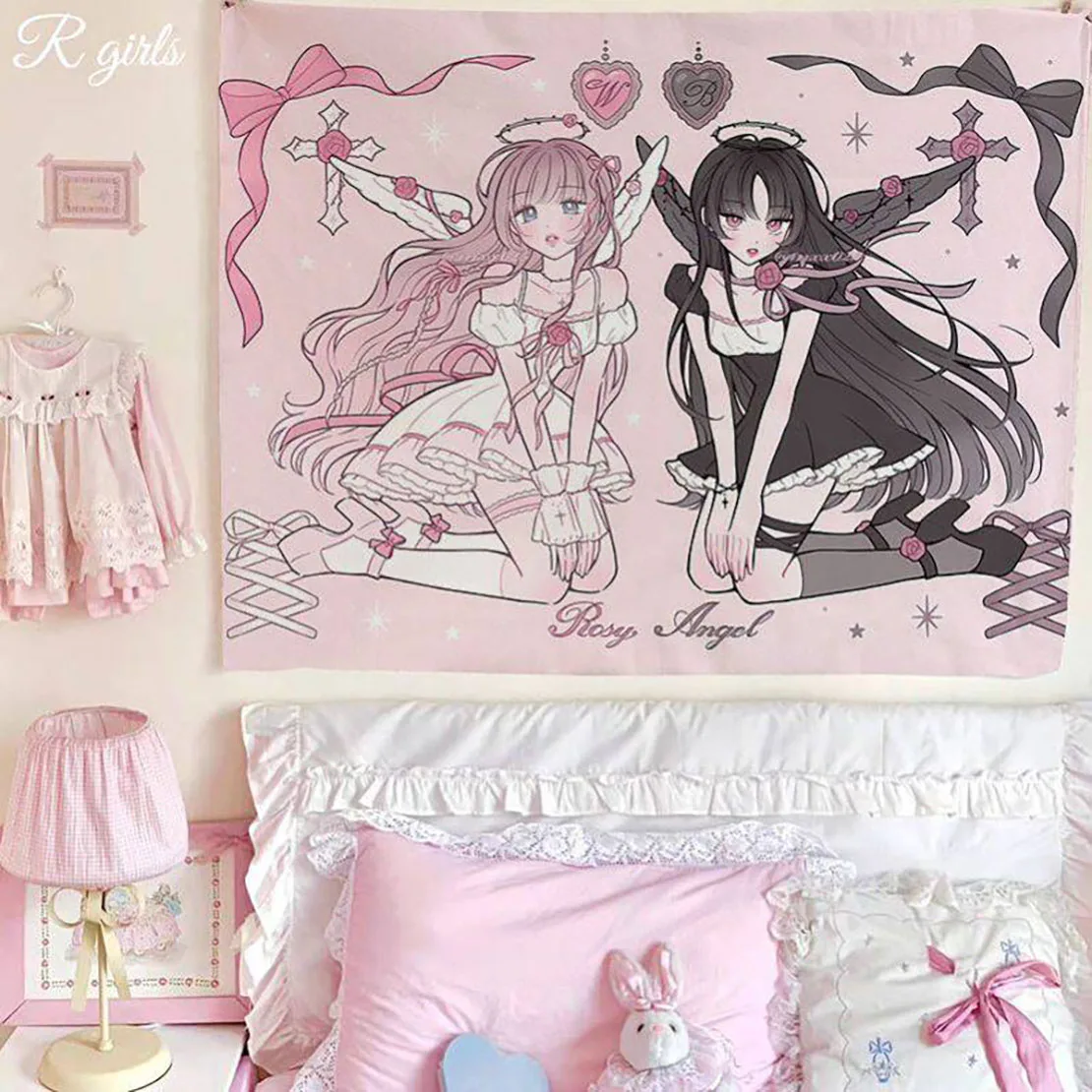 Ins Y2K Alt Aesthetic Tapestry, Sweet Cool Anime Girl Wall Hanging, Harajuku Style Background Cloth for Dorm Bedroom Living Room