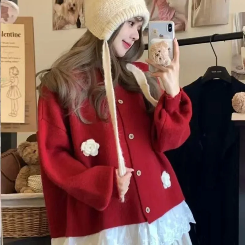 

French Sweet Lace Splicing Sweater Jacket for Women Autumn Loose Belly-covering Knitted Cardigan