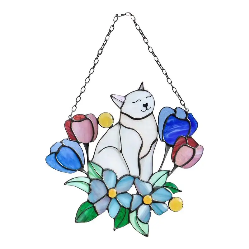 Cat Suncatchers For Windows Hang Acrylic Cat On Flowers Garden Suncatchers Cat Suncatchers Decor For Women Men Hang Ornaments