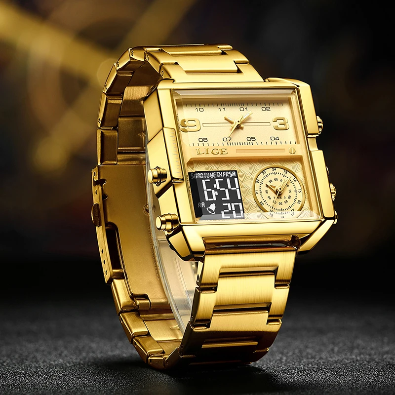 LIGE Luxury Original Men Sports orologio da polso oro quarzo acciaio impermeabile doppio Display orologio orologi Relogio Masculino per uomo