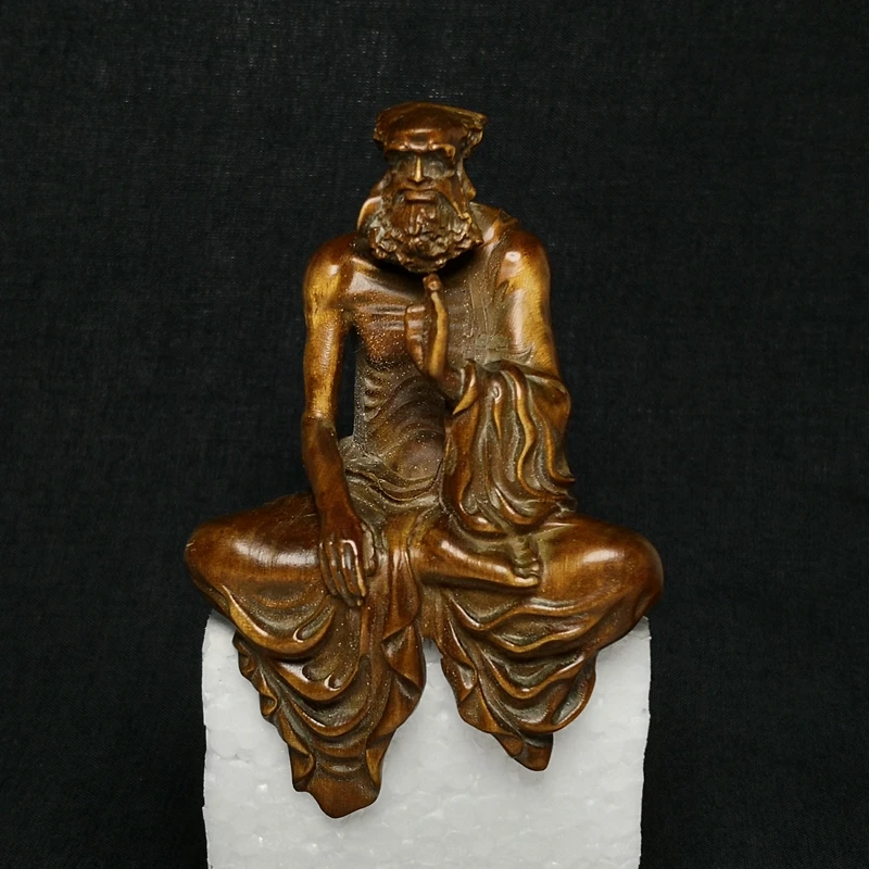 1919 Antique art Size 4 Inch Chinese Boxwood carved Bodhidharma Buddha Figurine Statue Gift Collection