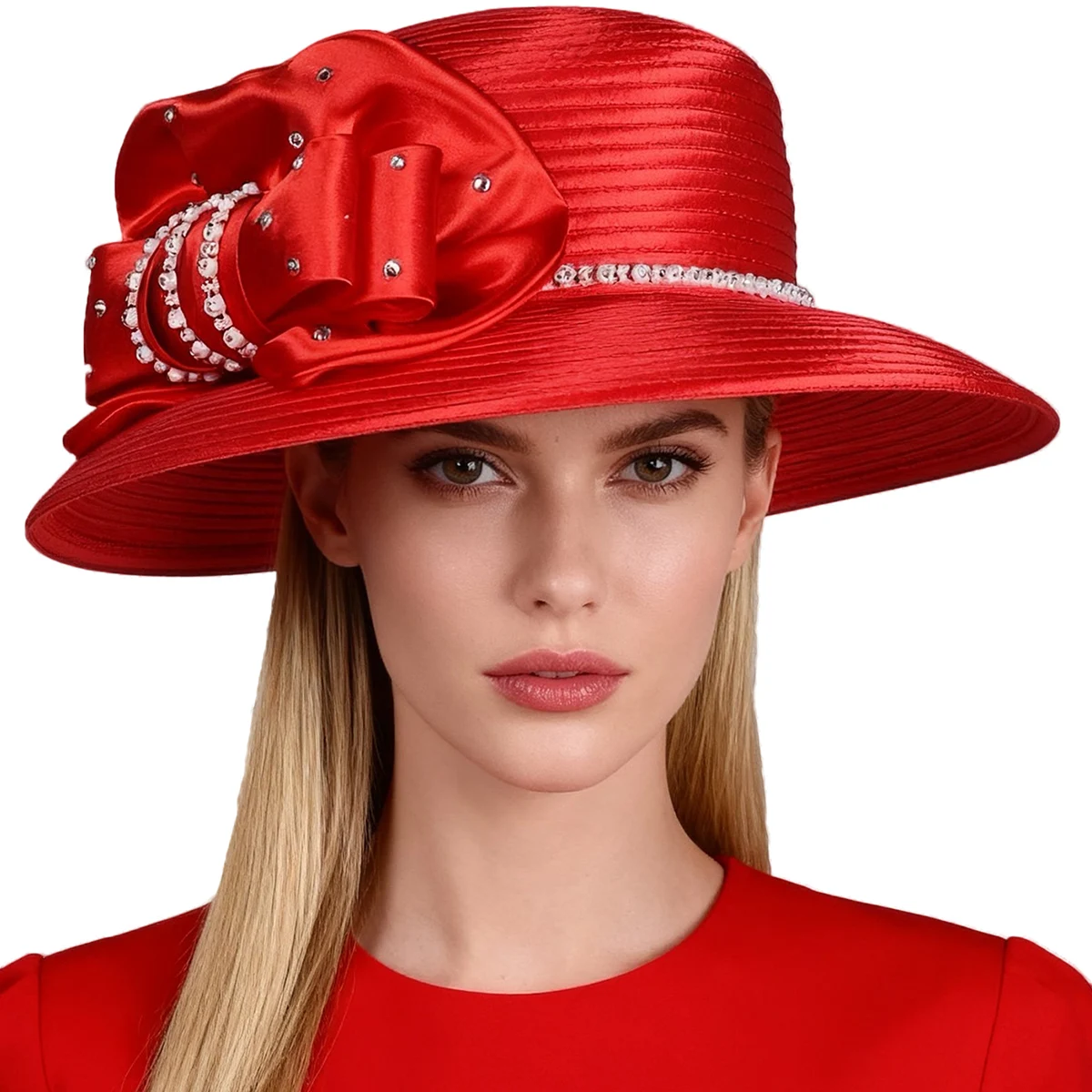 

Women's Wedding Hat - Wide Brim Bowler Cap with Bow Rhinestone, Formal Bridal Party Flat Top Sun Visor for Ceremonies & Events