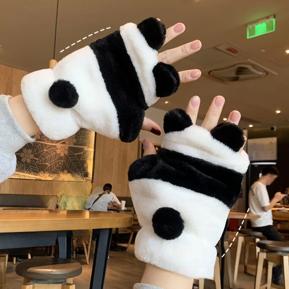 Winter Cartoon Panda Half-Finger Gloves Cute Fleece-lined Thicken Panda Black White Mittens Fashion Warm Windproof for Girl Boy