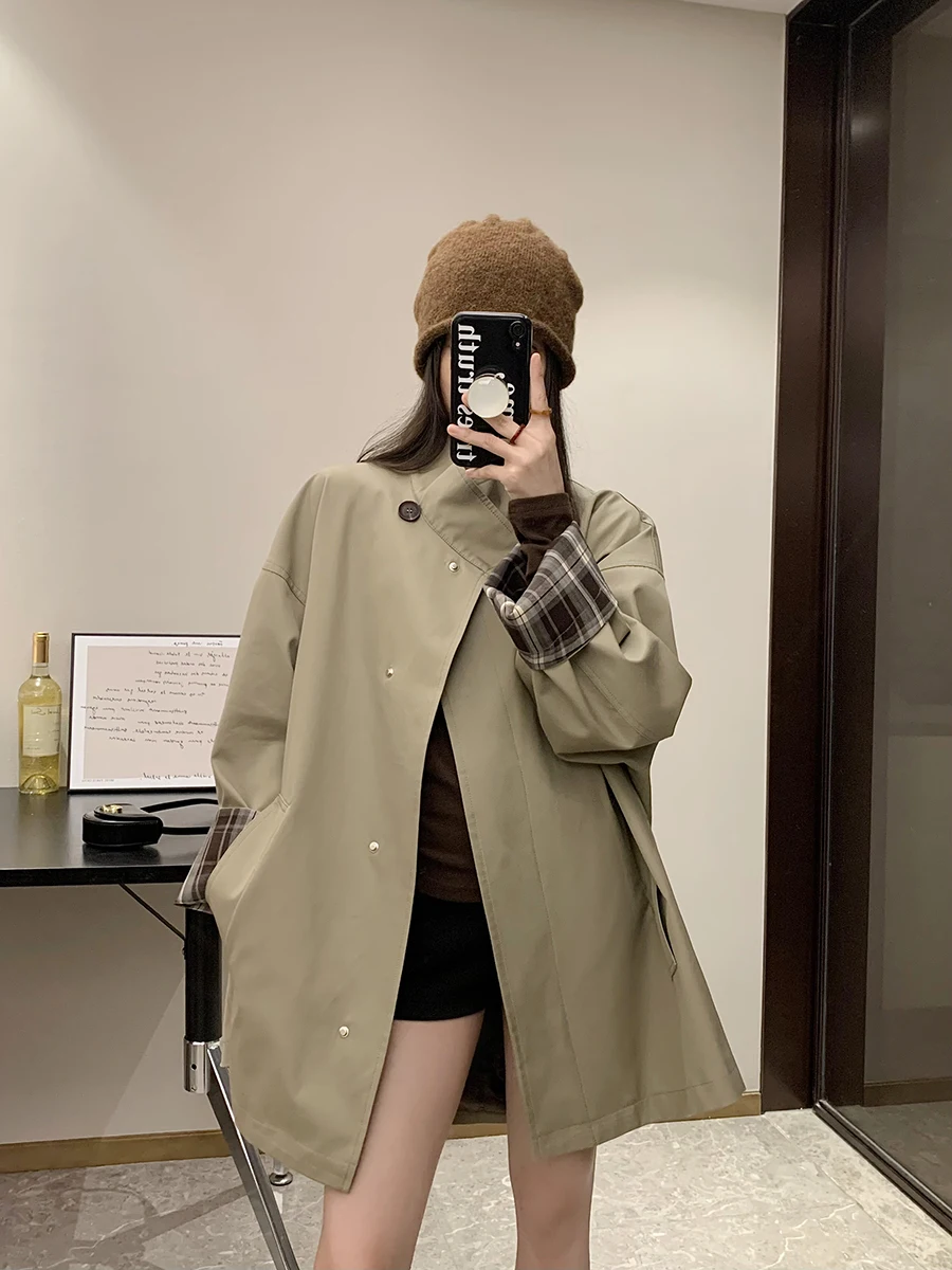 

Classic ort Loose Women's Windbreaker Coat Briti Sle oulder Drop ape Ruhu Home Cotton Material Long Sve Stand Co...