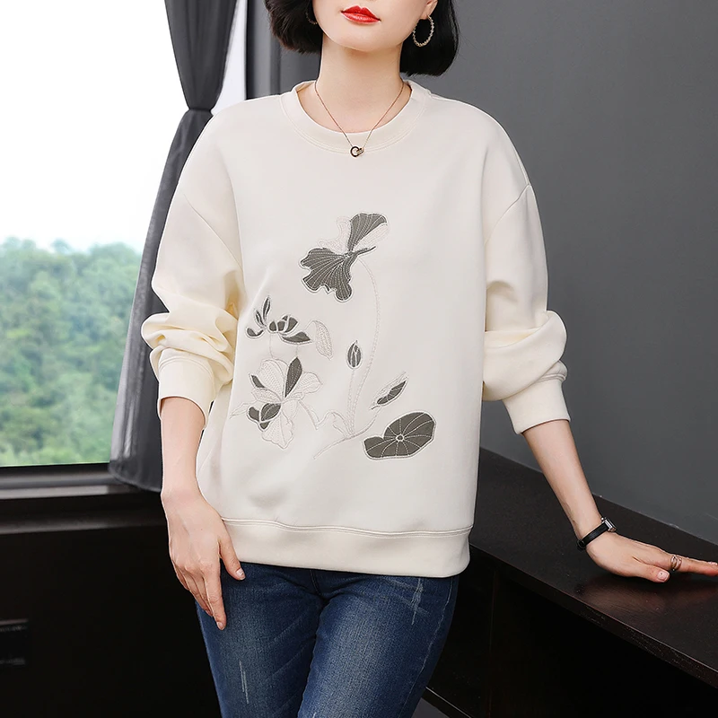 Spring Autumn Lotus Leaf Embroidered Women's Sweatshirt Korean Style Round Neck Long Sleeve Loose Casual Streetwear Hoodies Tops