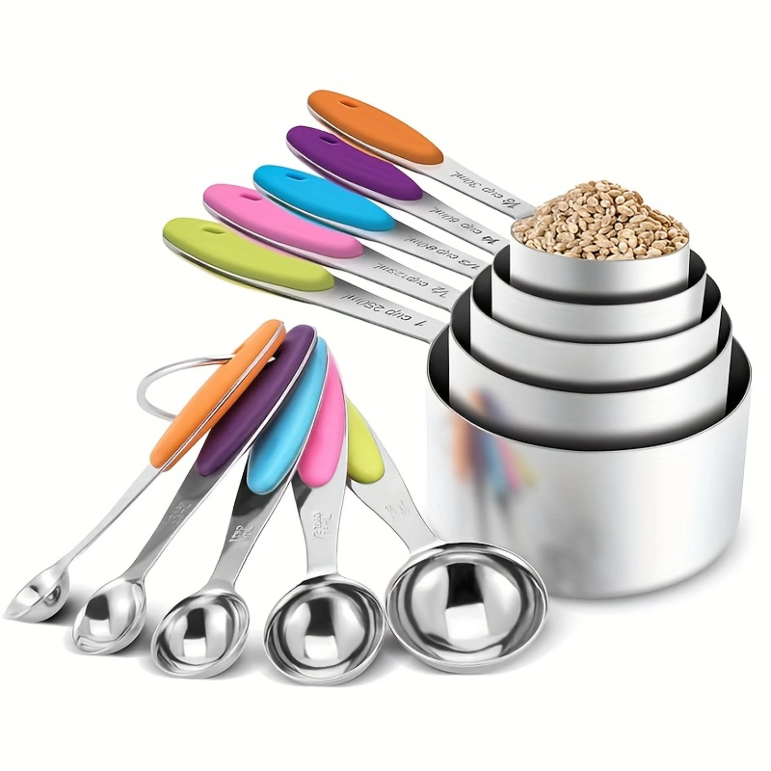 Ultimate 10pc Kitchen Measuring Set  Stainless Steel, Silicone Handles, Stackable - Perfect for Cooking & Baking