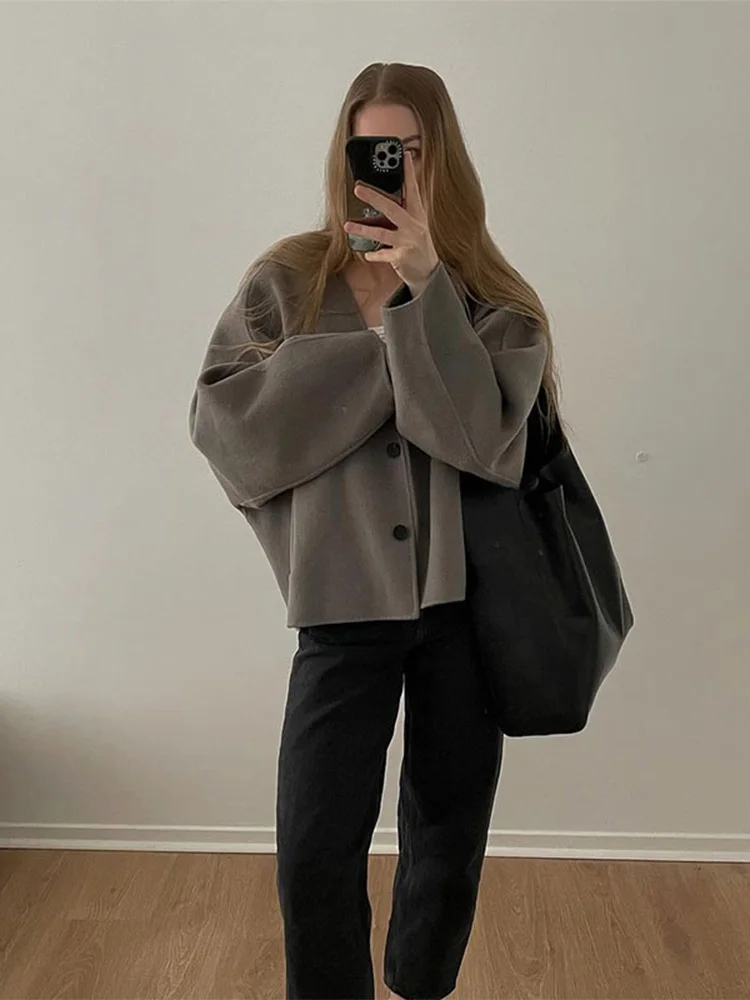 2024 Autumn Solid Single Breasted Short Coat Women Casual Long Sleeves V Neck Cropped Jacket Female Office Commute Outerwear