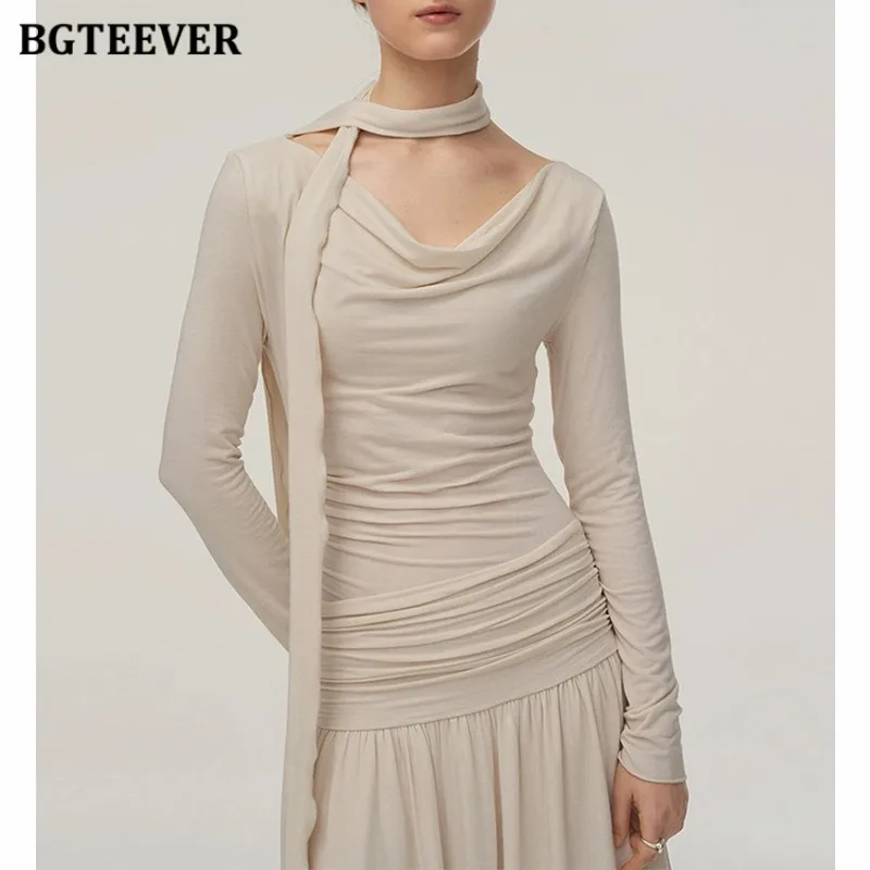 BGTEEVER Elegant Slim Waist Female Knitted Long Dress Long Sleeve Swinging Collar Women A-line Dress