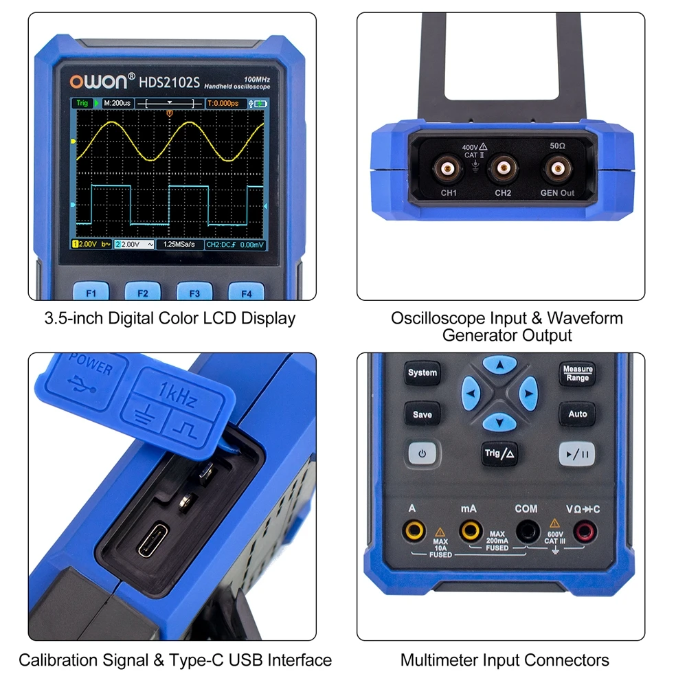 OWON HDS2102S Handheld Digital Oscilloscope 500MSa/s 8Bits 100MHz Bandwidth 2CH + 1CH Generator True-RMS Multimeter Osciloscopio