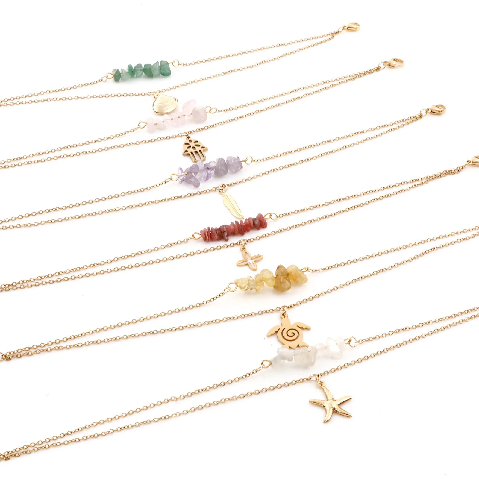 304 Stainless Steel Rolo Chain Multilayer Layered Anklet Multicolor Chip Beads Cross Anklet Women Summer Fashion Jewelry On Foot