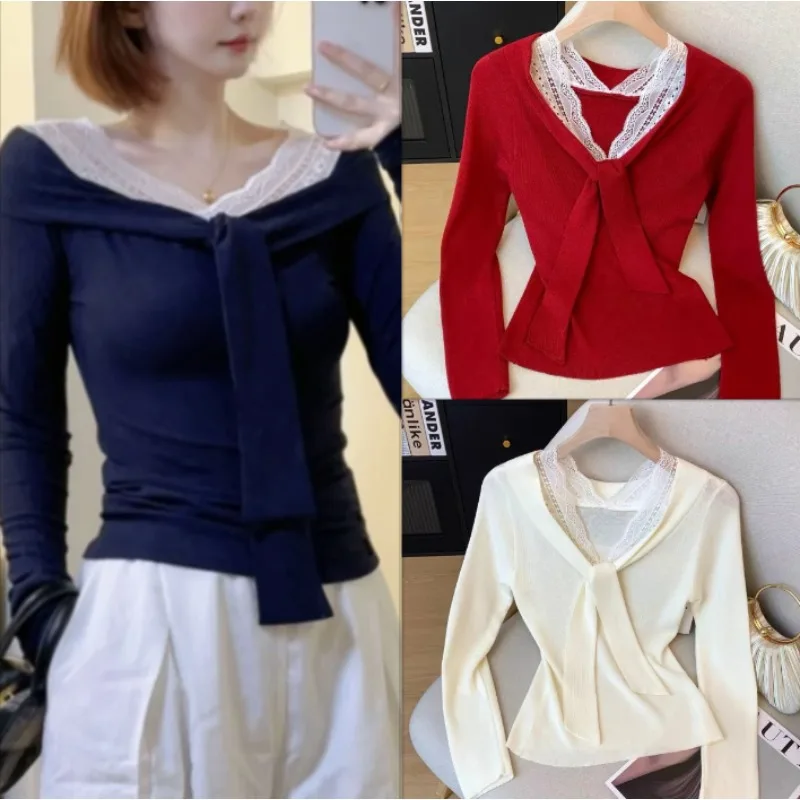 

Fashion V-neck Lace Patchwork Top Women Slim Casual Lace Up Long Sleeve Knitted Pullover Jumper