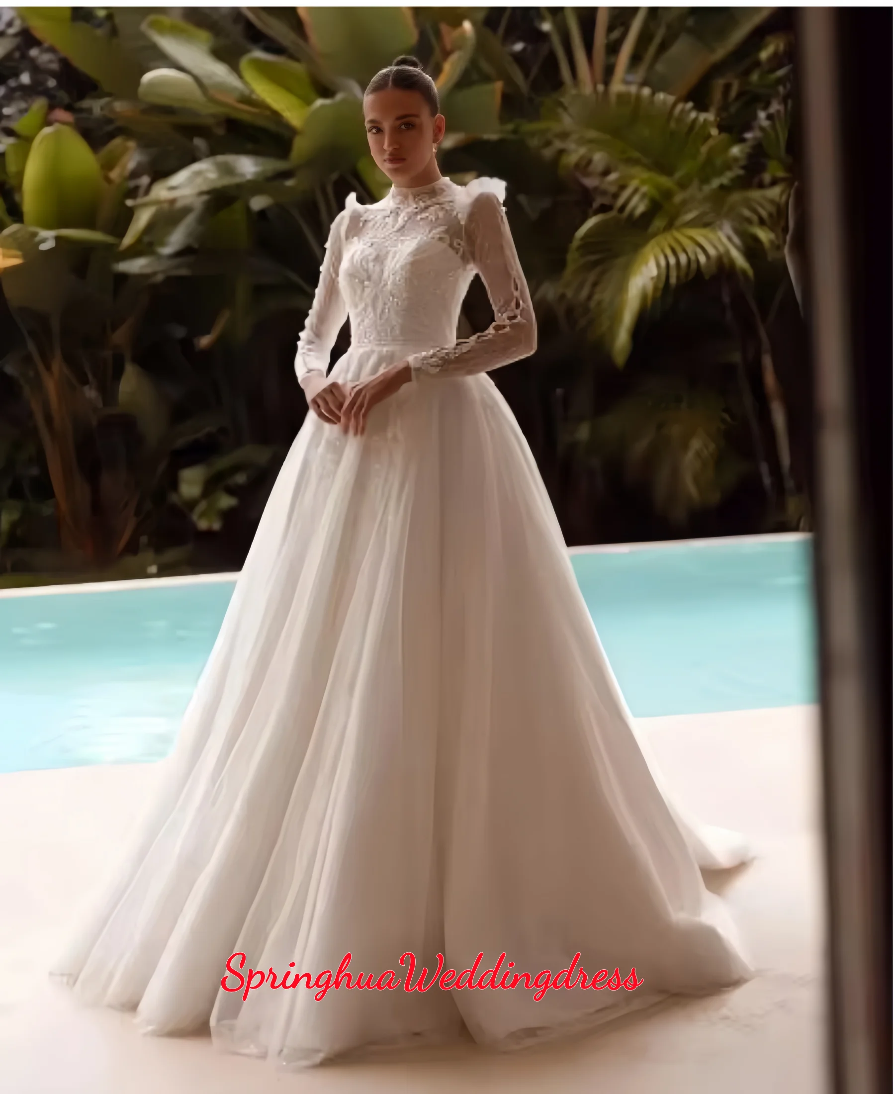 Customized Vintage High Neck Long Sleeve A-Line Wedding Dress Beading Appliques Floor Length Bridal Gown Boho Vestidos De Novia