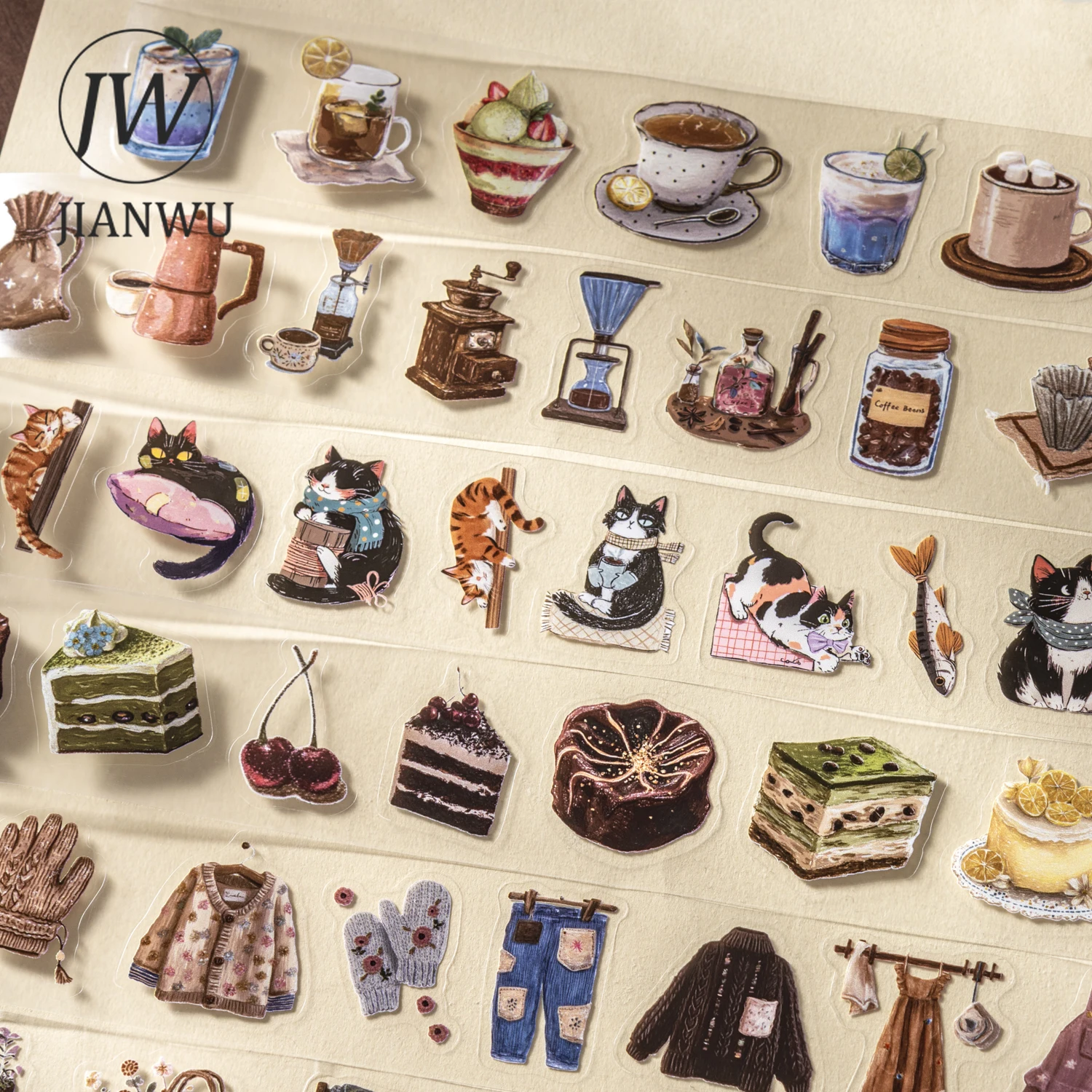 

JIANWU Leisure Time Series Vintage Cake Life Cat Landscape Material Collage Scrapbooking PET Tape Creative Journal Stationery