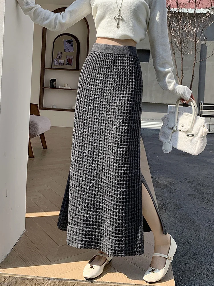 

Knitted half skirt women's autumn and winter new style elastic high waist casual and versatile A-line slit long skirt