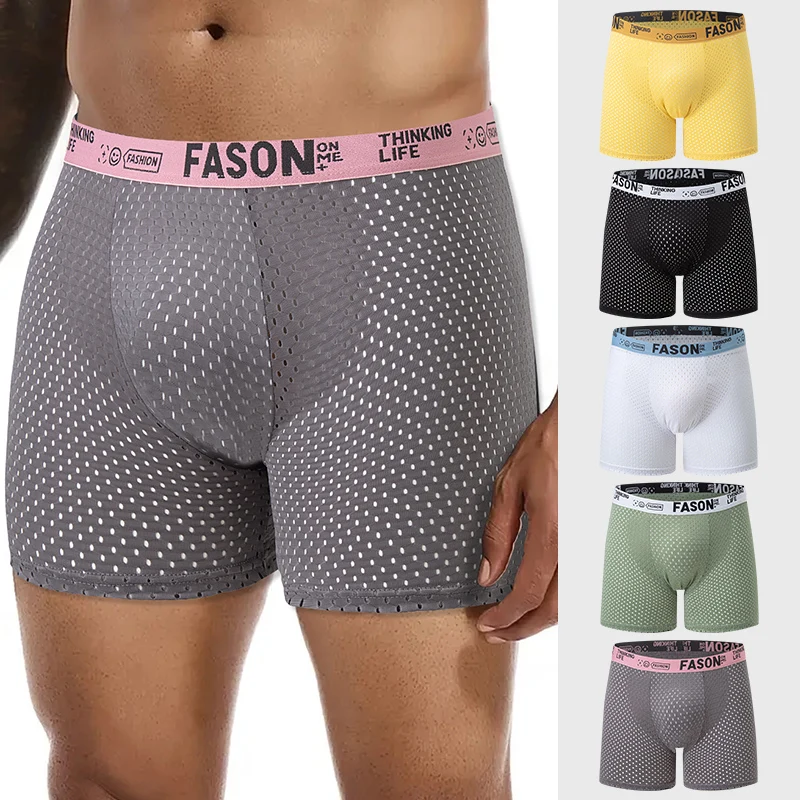 5 Pcs Men's Long Boxer Shorts Breathable Mesh Underwear Summer Sports Comfortable Soft Cool Breathing Hole Sexy License To Train
