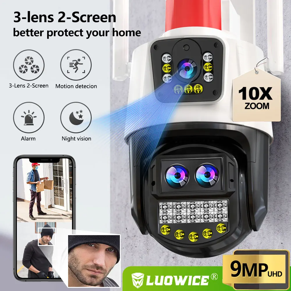 Luowice-Cámara de 9MP con WiFi/RG45/punto de acceso, dispositivo de videovigilancia CCTV con Zoom 10X, tres lentes, dos pantallas, detección humanoide multipersona