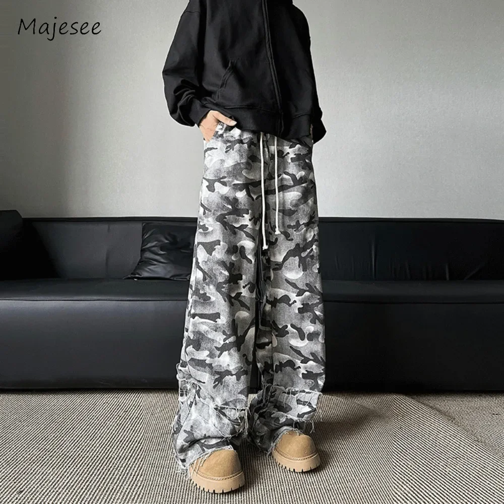 

Elastic Waist Men Pants Ripped Wide Leg Cargo Style Camouflage Drawstring Fashion Baggy High Street Basic Cozy Trousers Shopper