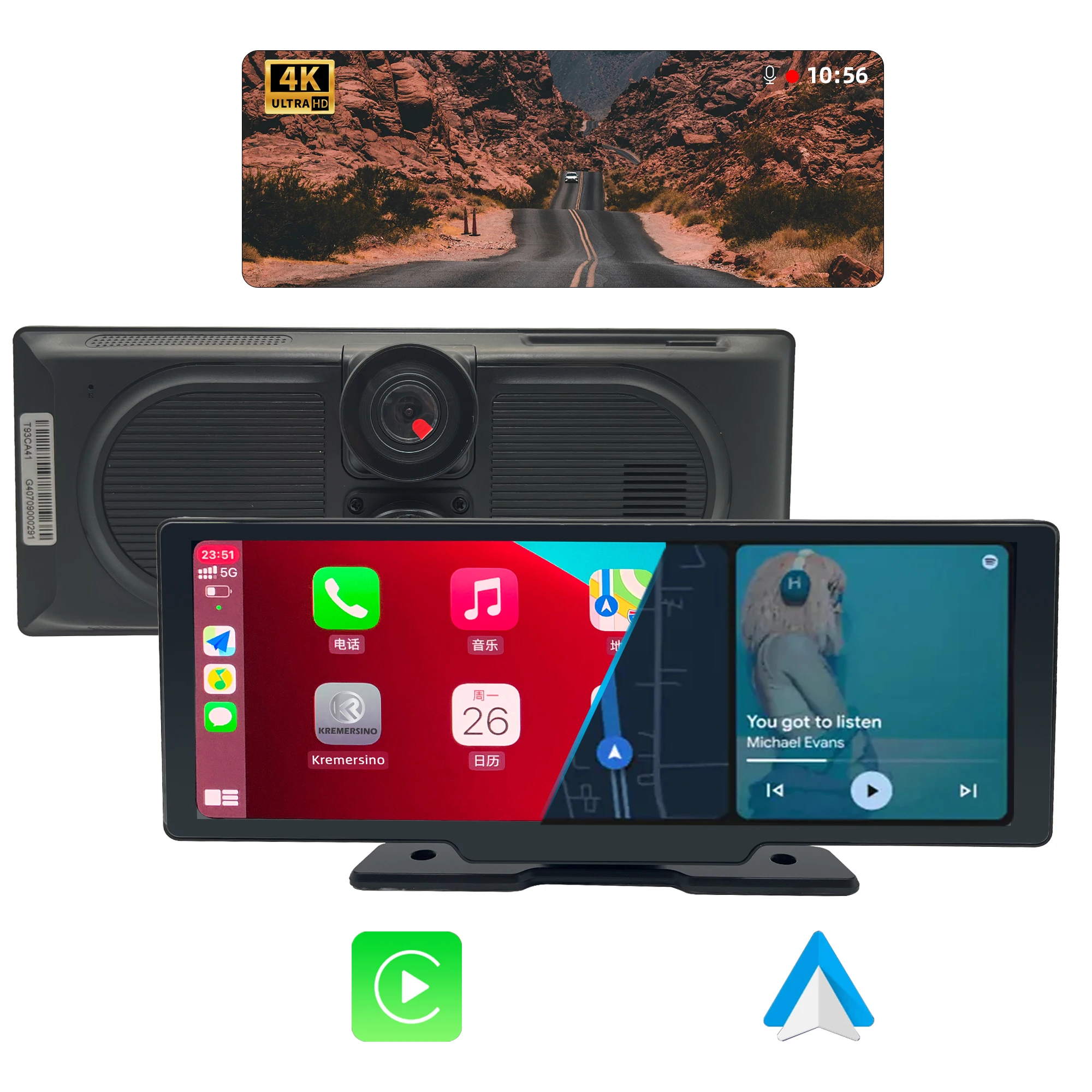 

10.26" IPS 4K Dash Cam ADAS Wireless Carplay & Android Auto Screen Airplay & Androidcast Mirror Car DVR Dashboard Video Recorder