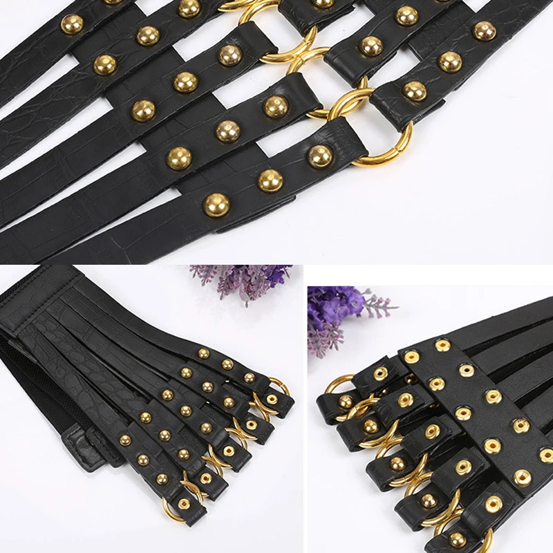 New Women Cummerbunds Vintage Metal Ring Belt Gold Ladies Women Belts Female Fashion Rivet Wide Waist Elastic 5 Straps PU Belt