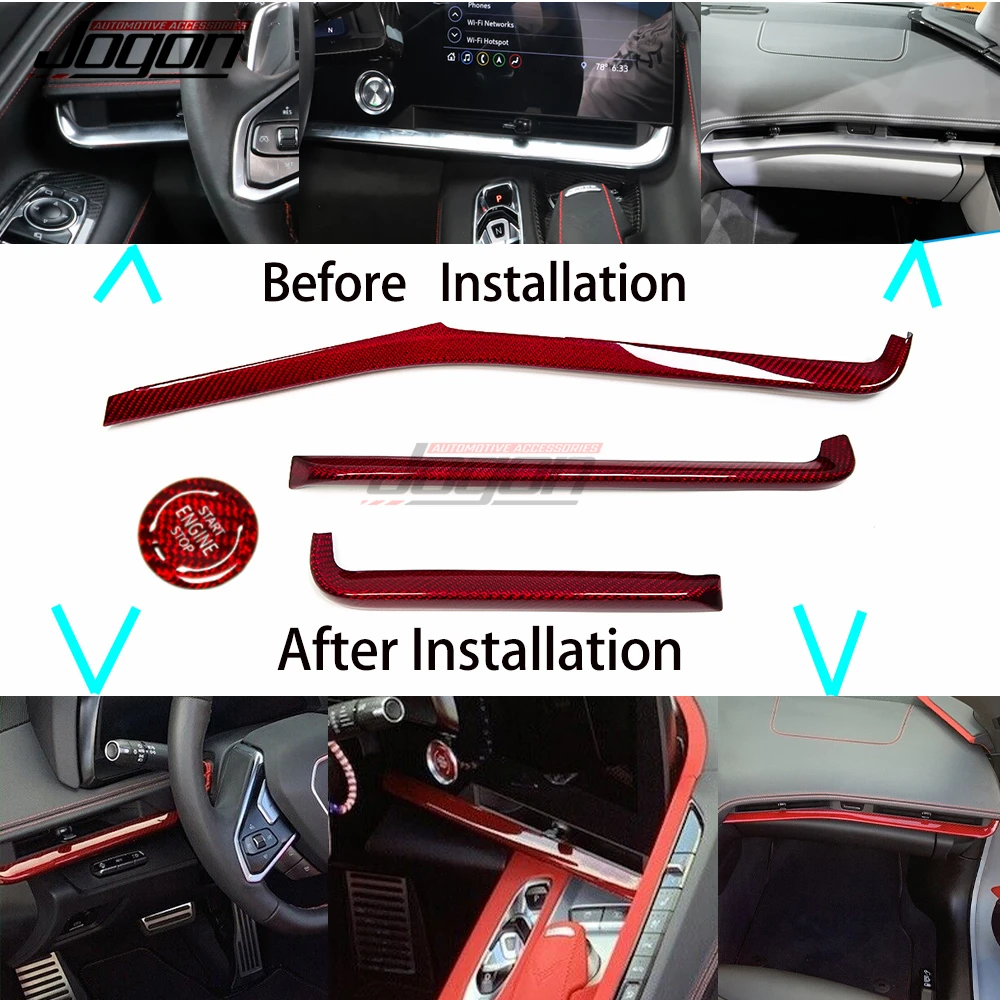 3 Type Color Real Carbon Fiber Car Interior Console Dashboard Strip & Start Stop Button Trim For Corvette C8 Z51 Z06 2020-2024