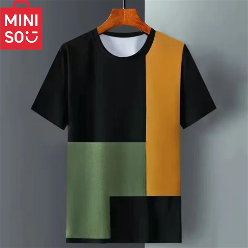 MINISO Color Block Short sleeved T-shirt for Men's Versatile Round Neck Trendy Half sleeved Bottom Shirt Summer Cool Feeling T-s