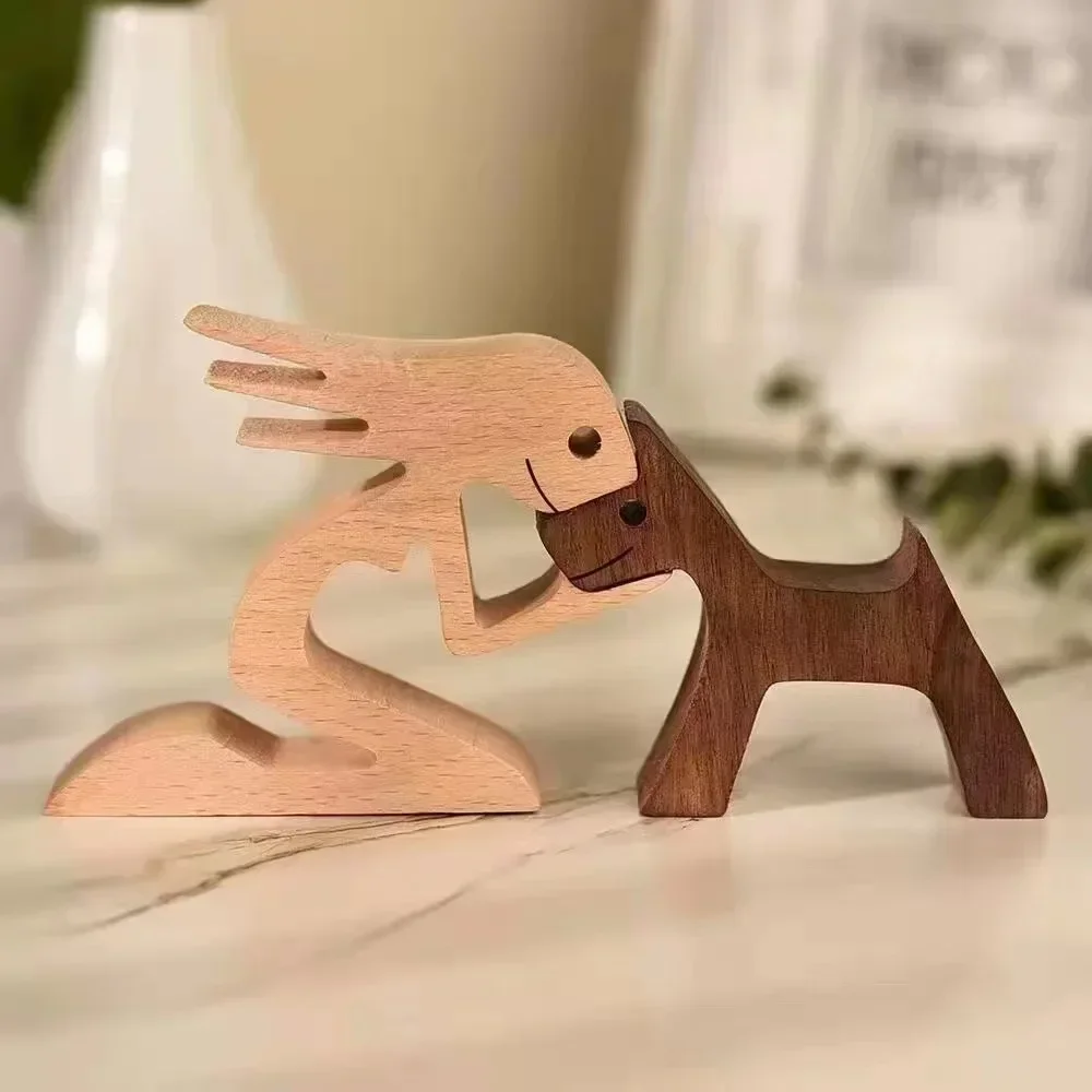 Family Puppy Wood Dog Craft Figurine Valentine's Day Gift Carving Model Home Office Decoration Christmas Gift Couple Decoration