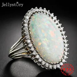 Jellystory Trendy Silver 925 Jewelry Ring Oval Shape Opal Zircon Gemstone Rings for Women Wedding Party Gift Wholesale size 6-10