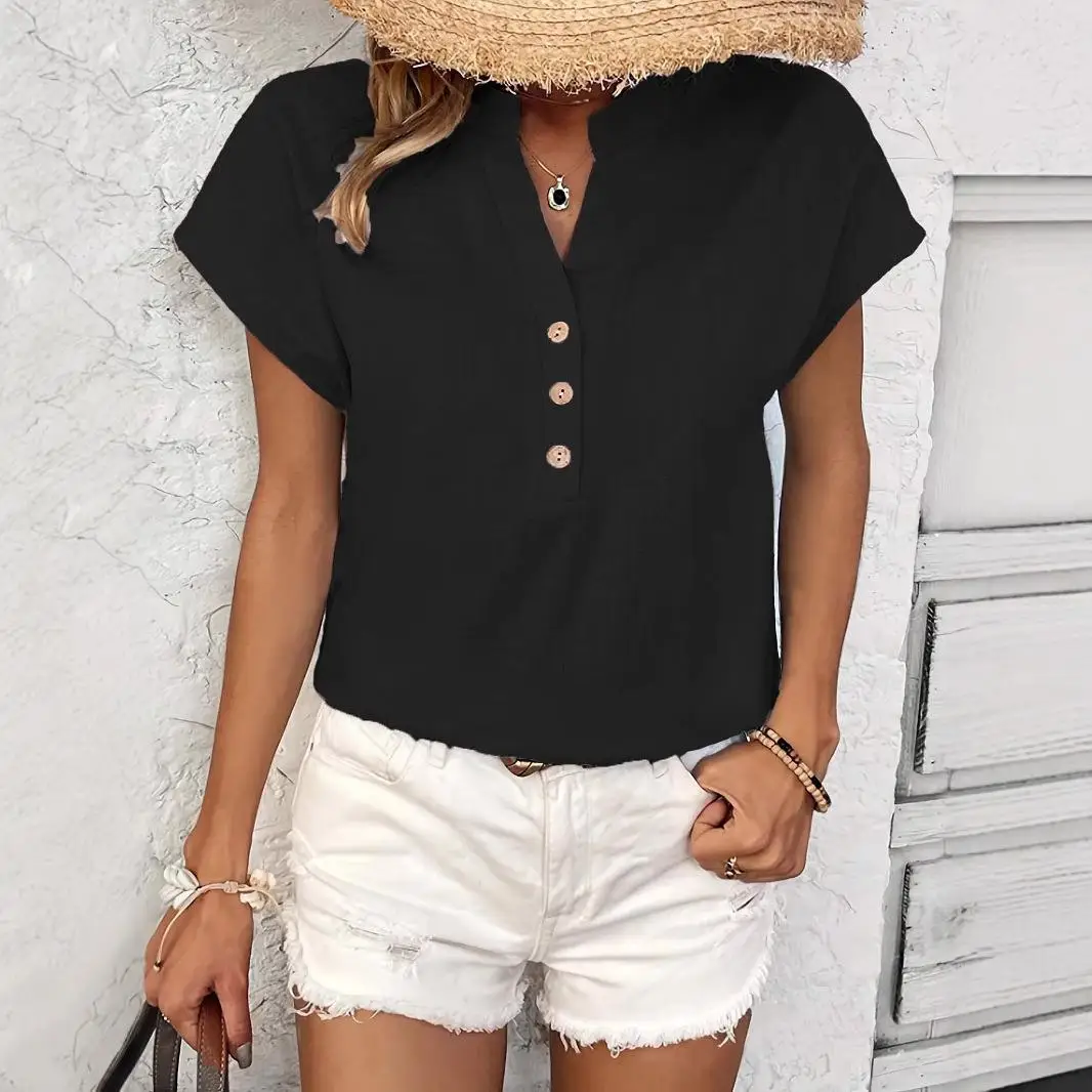 Cotton Linen Women's irt Collar ort Sve Polyester Fabric Commute Sle Regular Fit ort Length Splice Design Ladies' Top