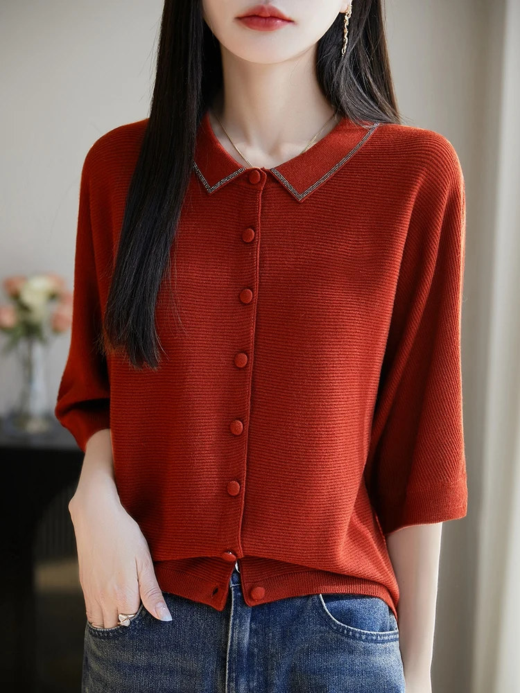 

2025 Fall New Cardigan Half Sleeve Sweater lapel Large Size Solid Color Tops Women's High Grade Fashion Comfortable Leisure Top