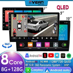 Evean 8G 128G Octa Core Android14 QLED Car Radio Carplay  Android Auto 2 Din Multimedia Player With 360 Panoramic Camera System