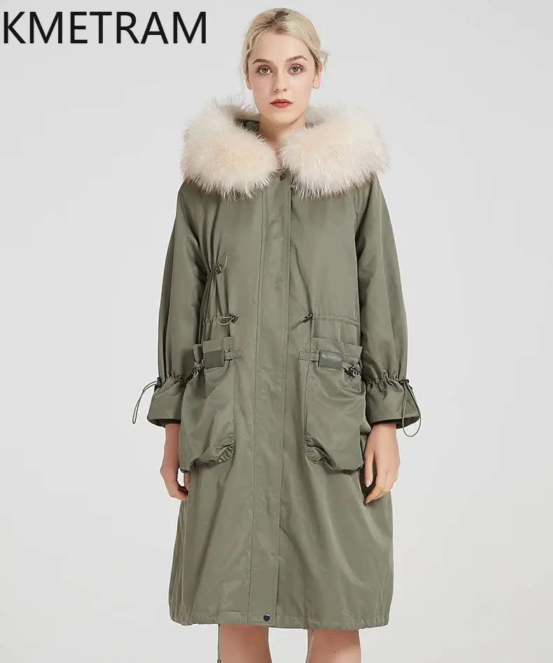 معاطف فرو أرنب ريكس الطبيعية من KMETRAM معاطف نسائية من فرو الكلب ريكون سترة طويلة 2025 ملابس شتوية دافئة بقلنسوة
