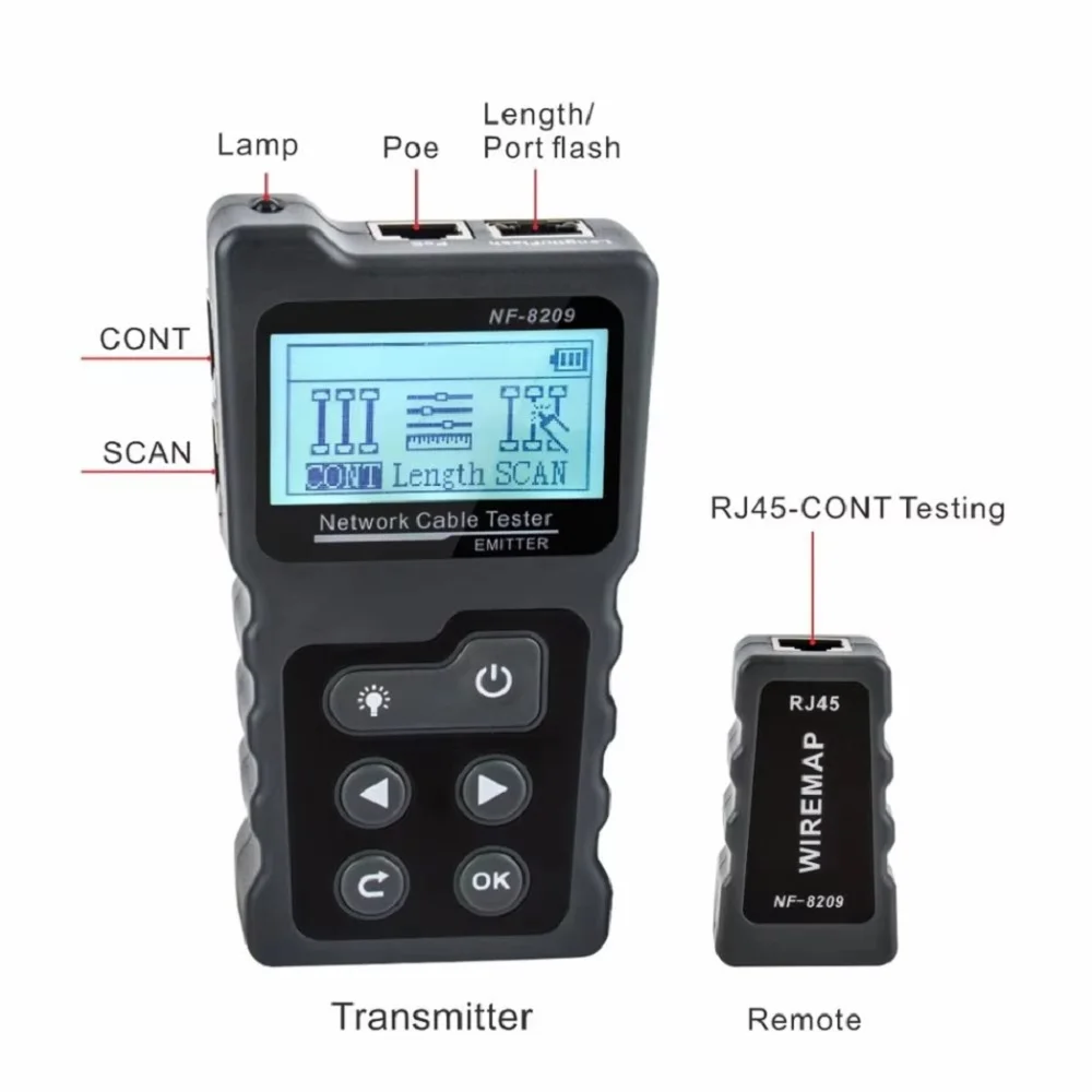 Noyafa NF-8209-WIREMAP Network Cable Tester LCD Display Cable Tracker Measure Length Wiremap Tester Poe Checker Network Tools