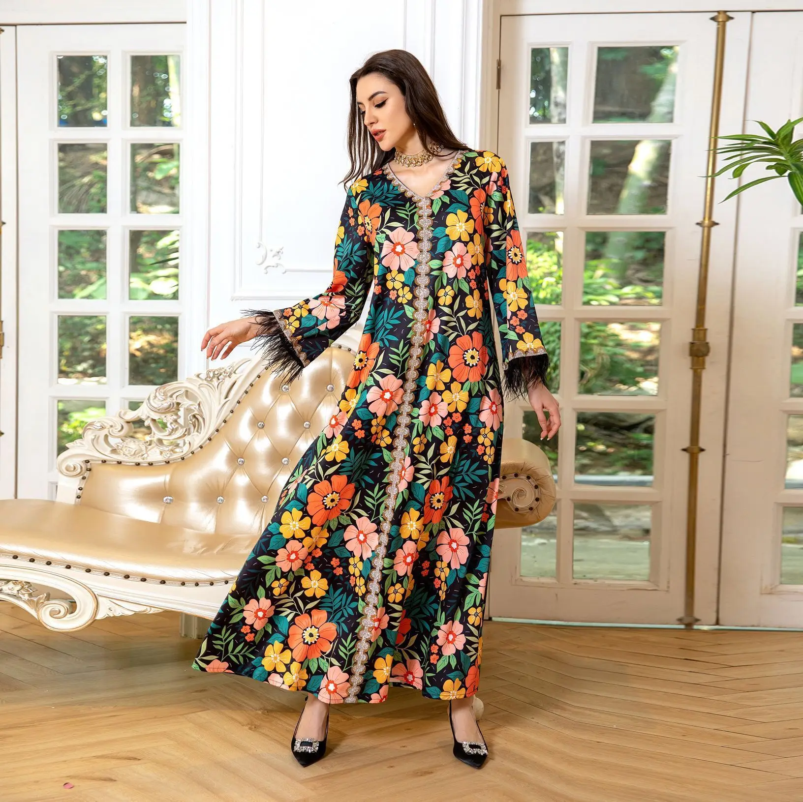 AB359 Muslim Fashion Robe Printed Hot Diamond Camel Feather Dubai Casual Dress