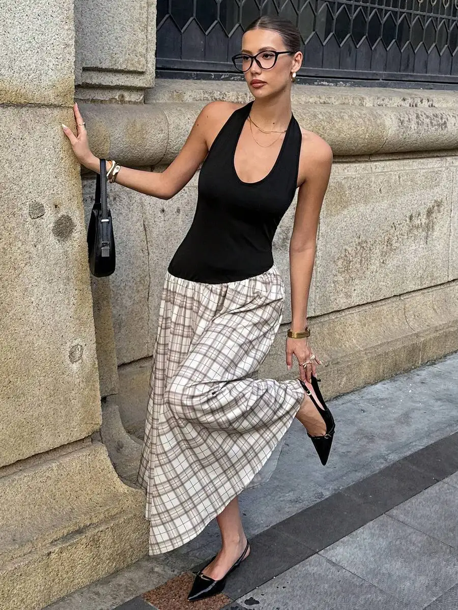 

Black Plaid Halter Neck Sleeveless Asymmetrical Hem Midi Dress For Women