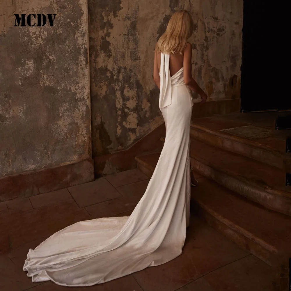 MCDV Customized Sexy Wedding Dress Bridal Gown Sleeveless Halter Neck Backless High Side Split Pleat Mermaid 2025 Customized