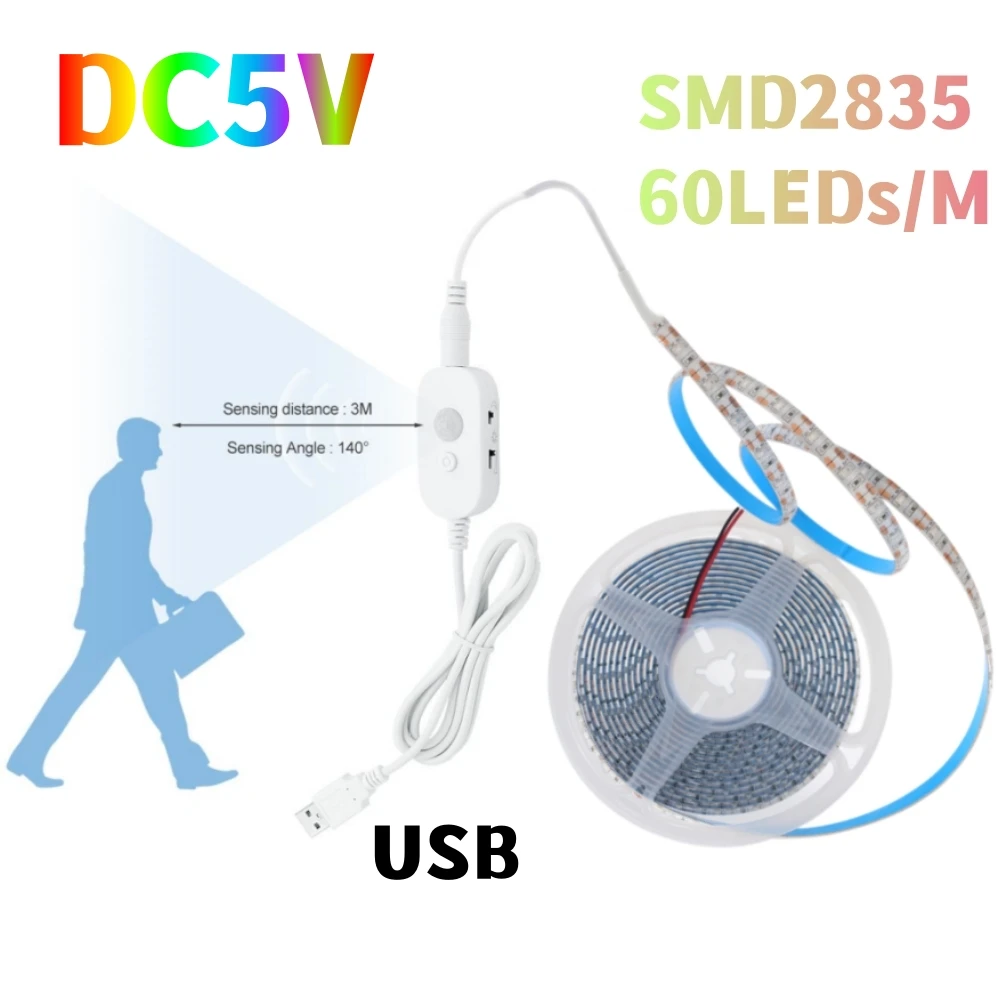 

USB PIR Motion Sensor LED Strip 5V 2835 60LEDs/m Flexible Lamp Dimmable Tape Diode Rope TV Furniture Backlight Ribbon