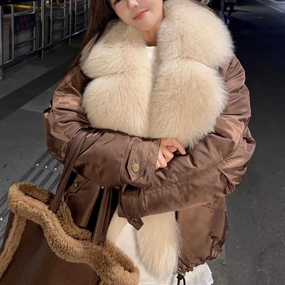 

White Goose Down Coat Luxury Reality Fur Jacket Women Autumn Winter Fashion Fox Fur Collar Outwear Loose Puffer Jacket Female
