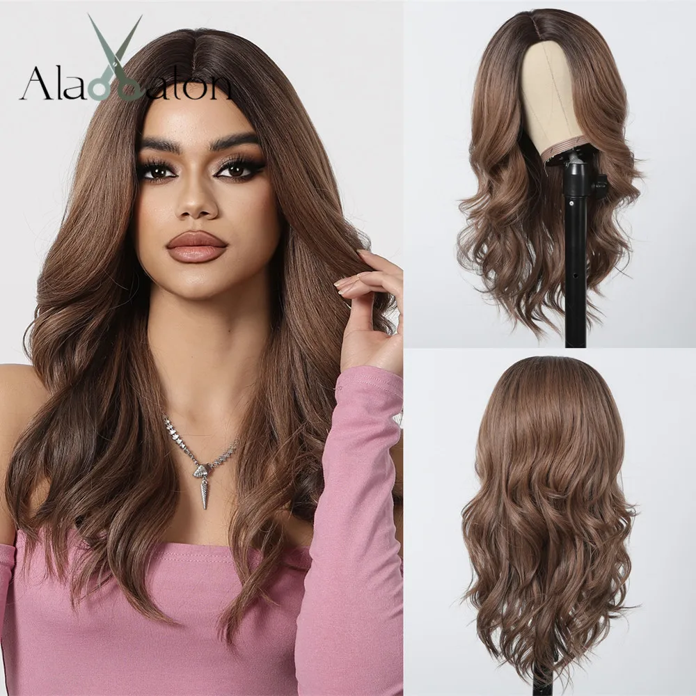 ALAN EATON Chestnut Brown Wavy Wigs Ombre Brown Hair Wig Long Synthetic Fluffy Wig Heat Resistant Natural Daily Wig for Women