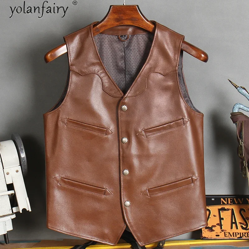 

Genuine Cow Leather Jacket Men Vests 100% Cowhide Leather Coats Vintage Biker Leather Vest Short Motorcycle Jackets 2009-11 KJ