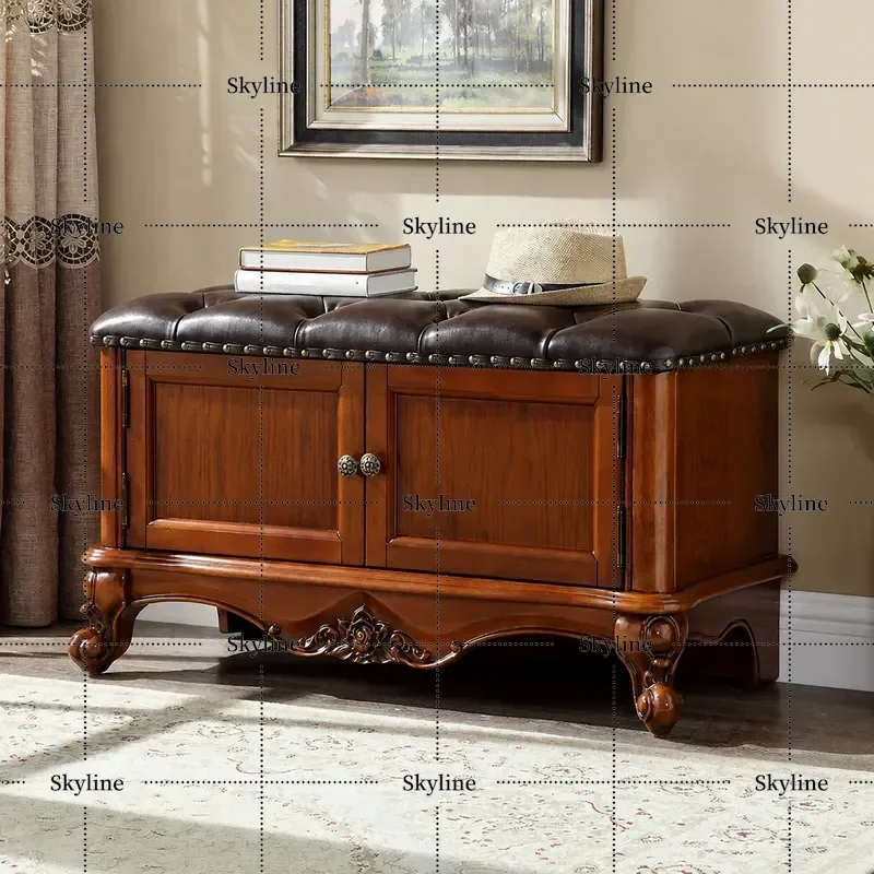 American Style All Solid Wood Shoe Changing Stool European Seated Bench Household Storage Cabinet Entryway Organizer