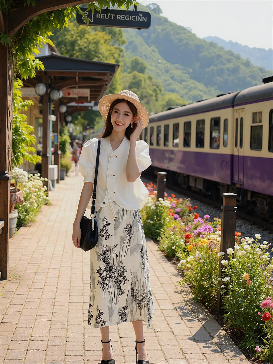 

Chinese Style Midi Skirts Womens Double Layered Tulle Cake Ruffles Pleated Flare Summer Vacation Soft Comfortable Artistic Pleat