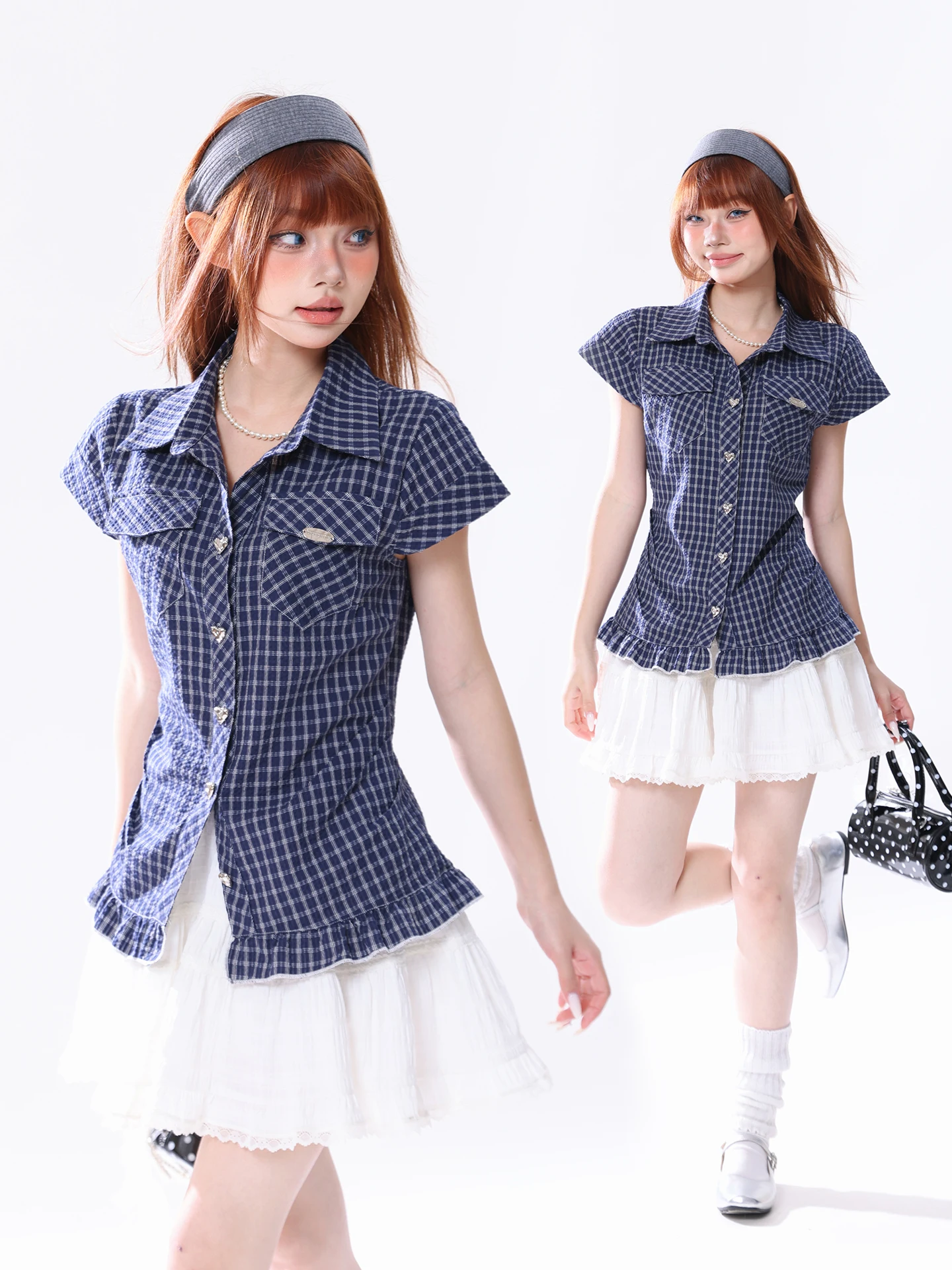 

American Style Retro Plaid Neck Short Sleeve Shirt Women's Summer Slimming Waist-Cinching T-Shirt Slimming Top