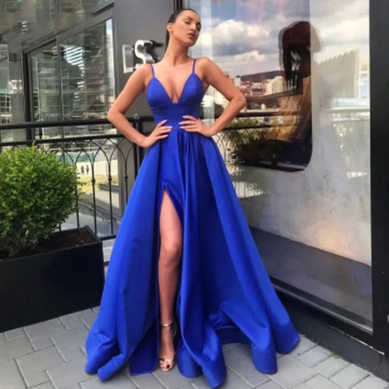 Customized A-Line Women Evening Dresses Spaghetti Straps V-Neck Side Slit Prom Party Gowns Vestido De Noche robes de soirée