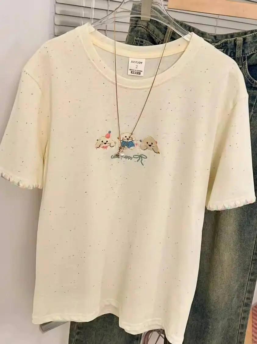 Summer Embroidered Pure Cotton Short Sleeve T-Shirt round Neck Heavy Work Craft Women's Casual Fashion Creative Pattern