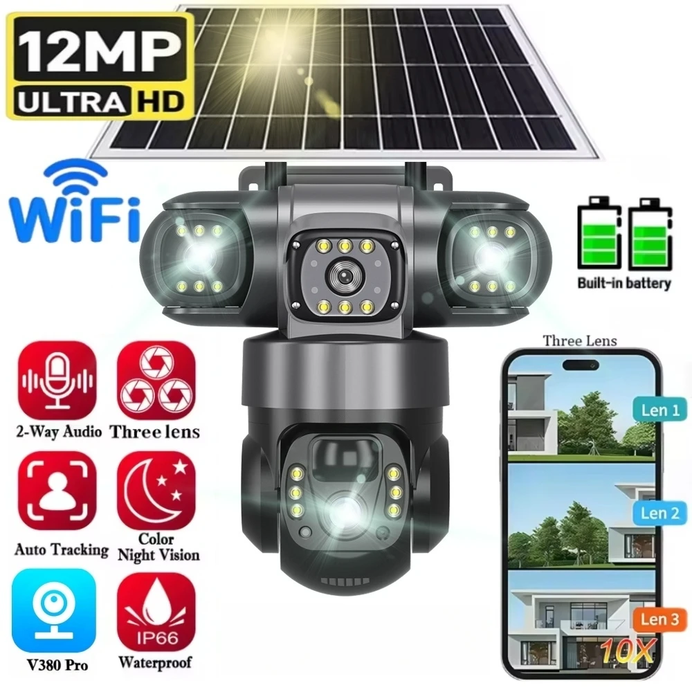 

WIFI 12MP HD Solar Outdoor Camera 3 Len 3 Screen 10X Zoom CCTV Night Vision IP66 Waterproof PIR Human Detect Security IP Cameras
